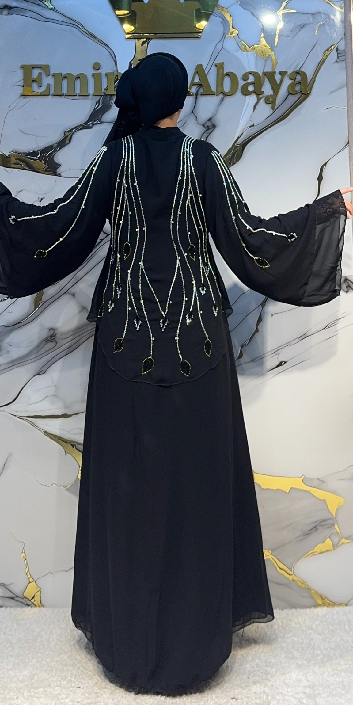 El İşlemeli Katmanlı Siyah Şifon Abaya EF0064 WSB arkadan