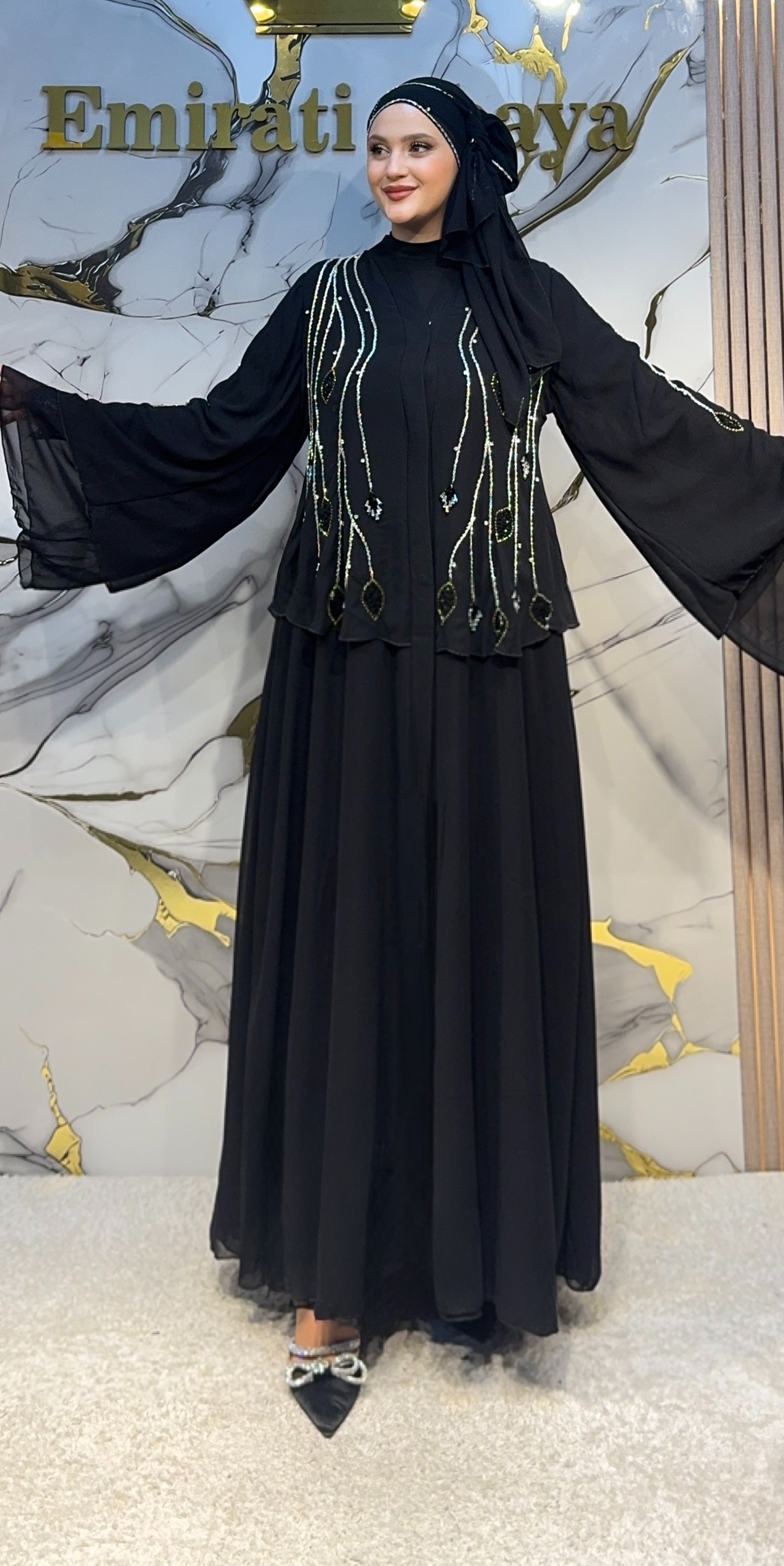 El İşlemeli Katmanlı Siyah Şifon Abaya EF0064 WSB önden