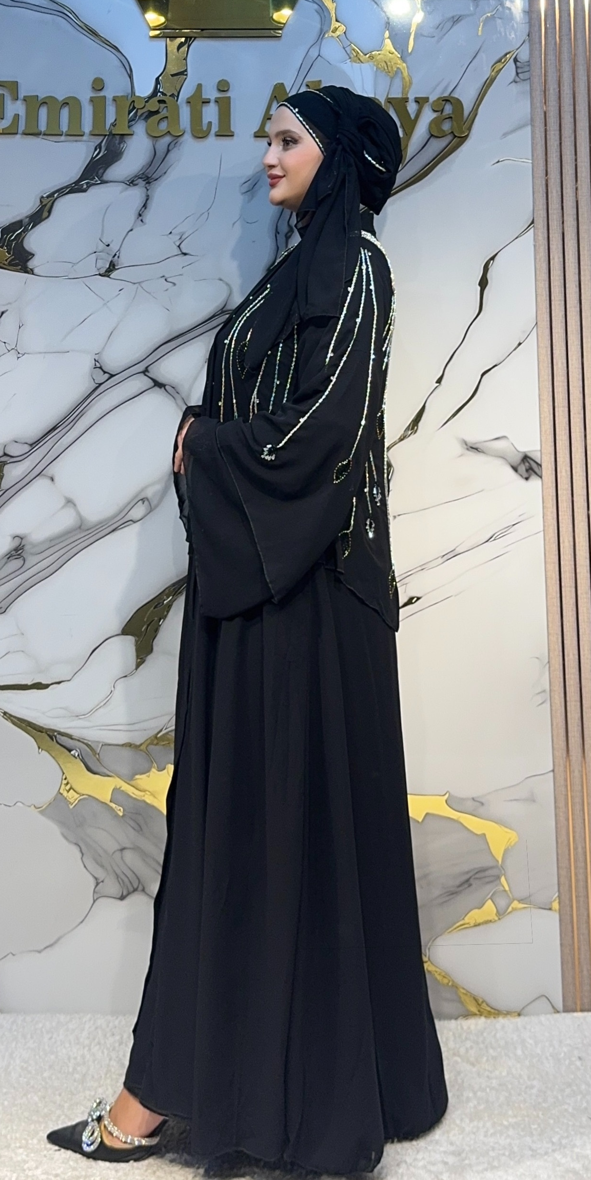 El İşlemeli Katmanlı Siyah Şifon Abaya EF0064 WSB yandan