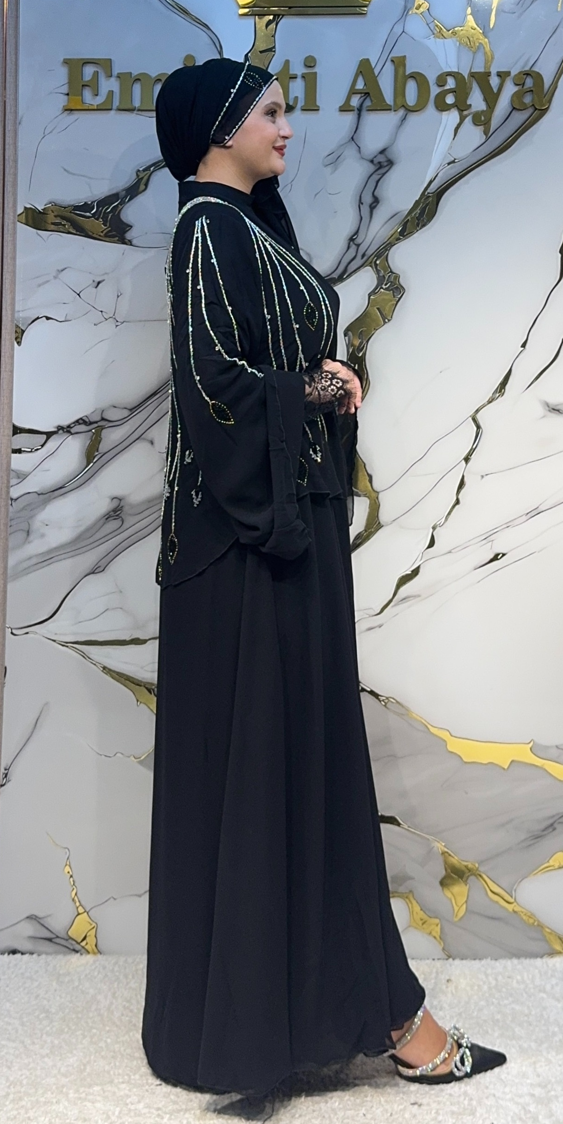 El İşlemeli Katmanlı Siyah Şifon Abaya EF0064 WSB diğer yandan