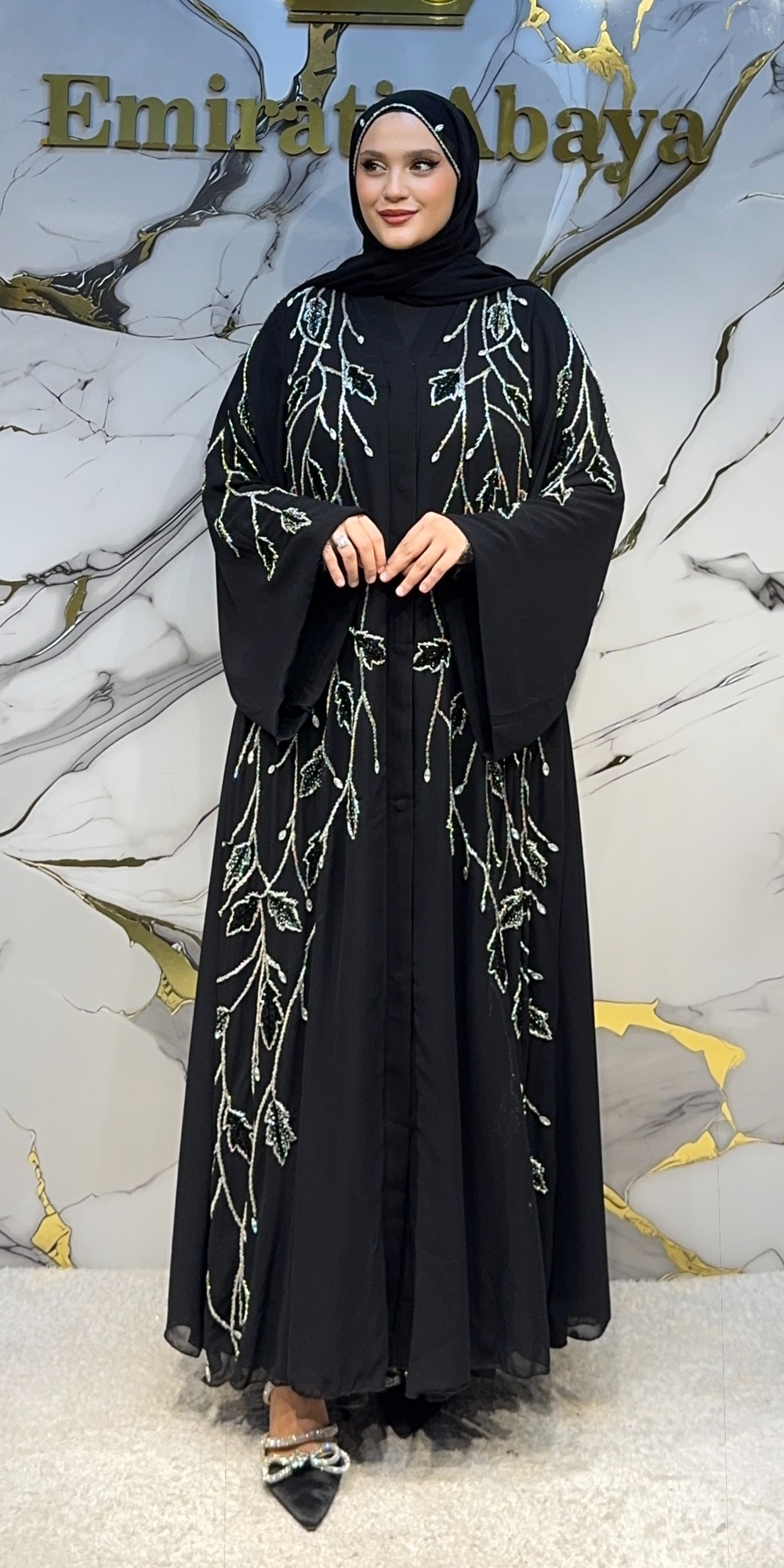 El İşlemeli Yaprak Desenli Siyah Şifon Abaya EF0066 WSB önden