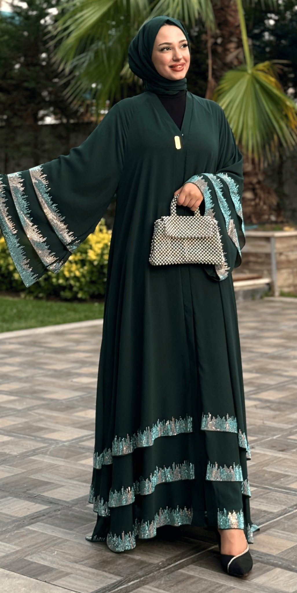 Elegant Green Three - Layer Chiffon Abaya with Swarovski Stones - Emirati Abaya TRElegant Green Three - Layer Chiffon Abaya with Swarovski Stones