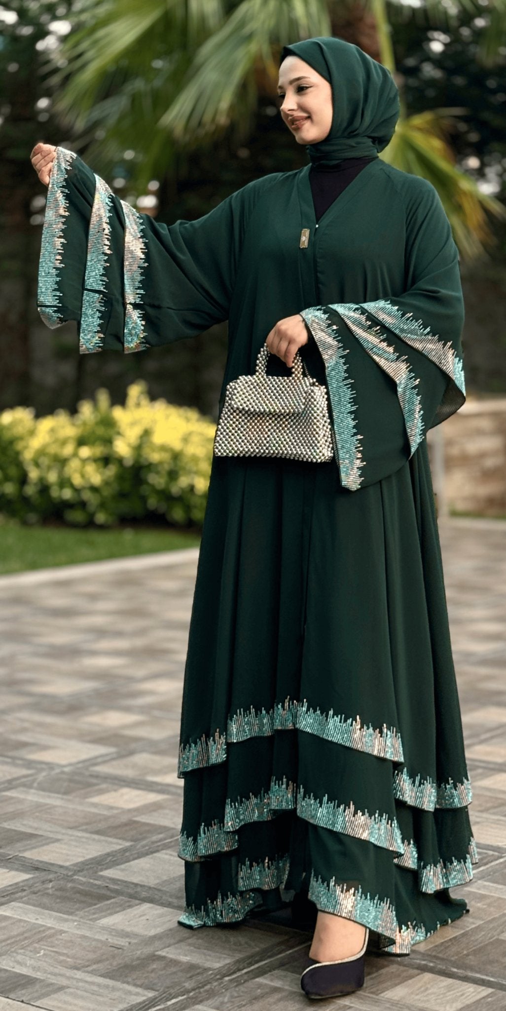 Elegant Green Three - Layer Chiffon Abaya with Swarovski Stones - Emirati Abaya TRElegant Green Three - Layer Chiffon Abaya with Swarovski Stones