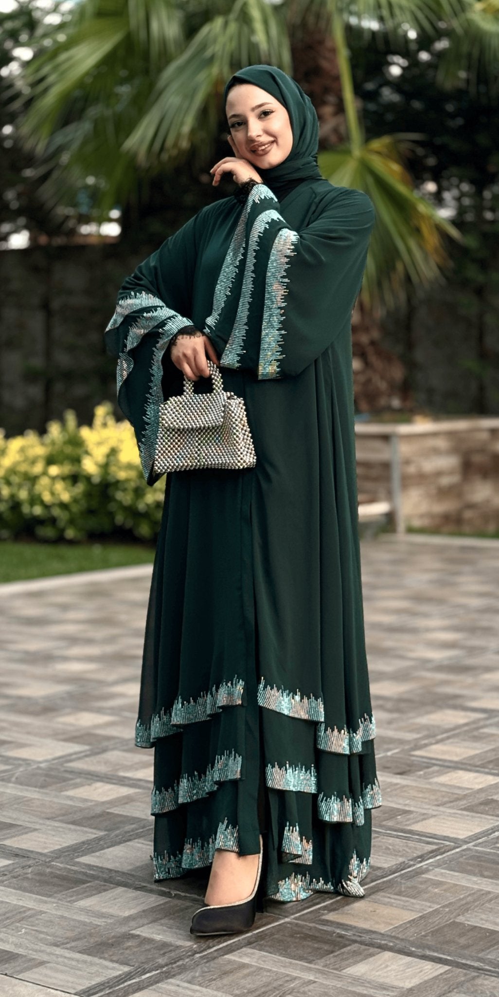 Elegant Green Three - Layer Chiffon Abaya with Swarovski Stones - Emirati Abaya TRElegant Green Three - Layer Chiffon Abaya with Swarovski Stones