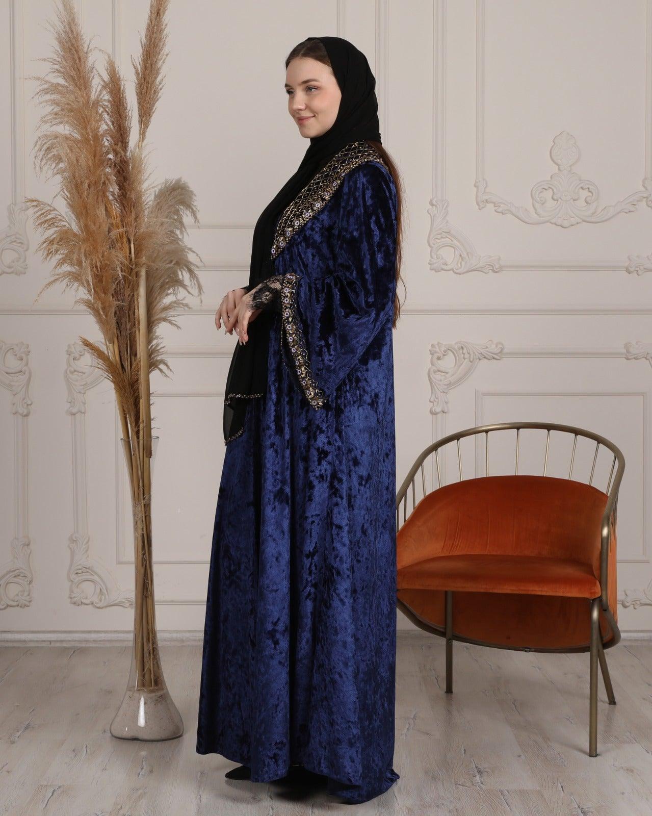 Elegant Wide Collar Handmade Stone Abaya - Emirati Abaya TRElegant Wide Collar Handmade Stone Abaya