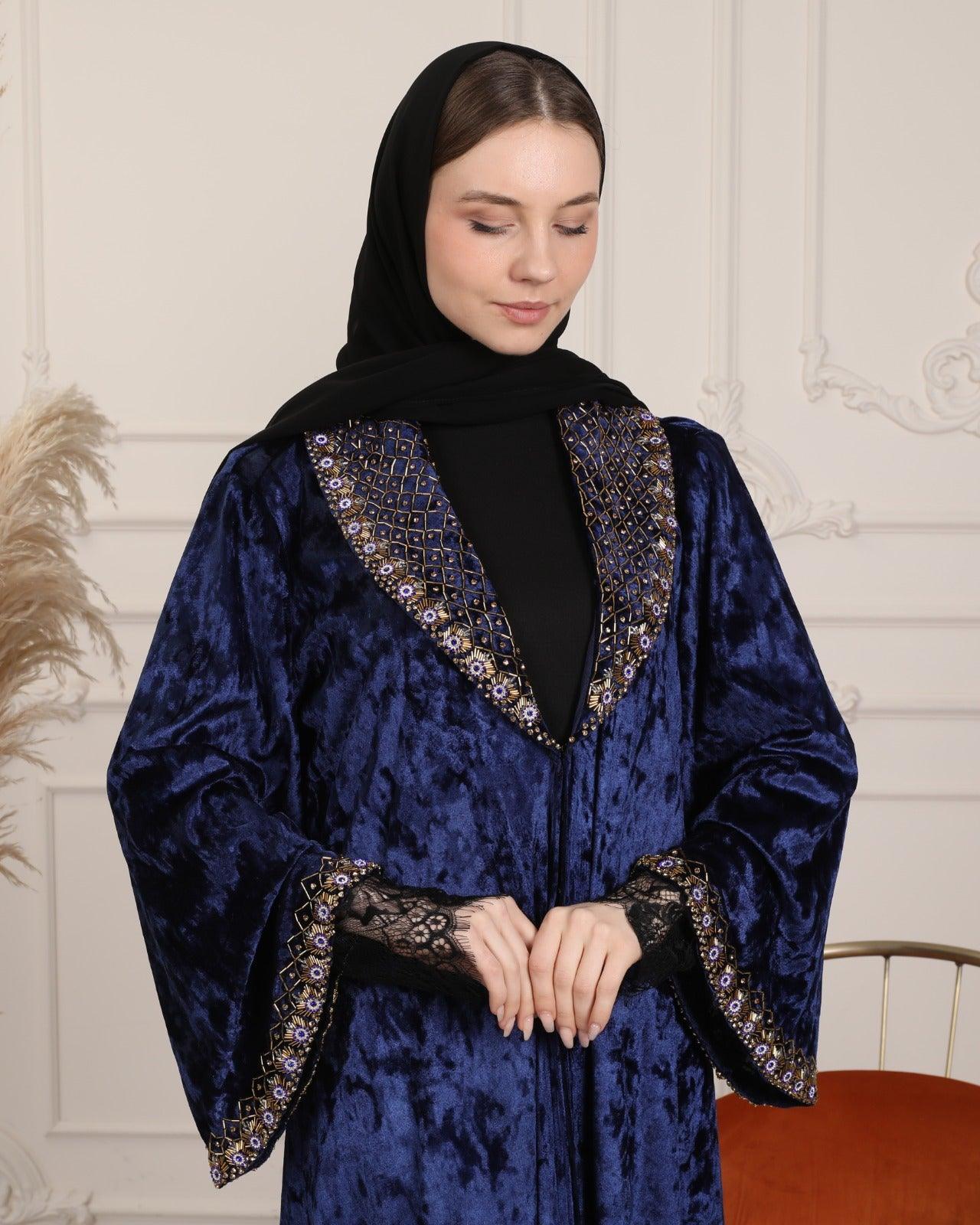 Elegant Wide Collar Handmade Stone Abaya - Emirati Abaya TRElegant Wide Collar Handmade Stone Abaya