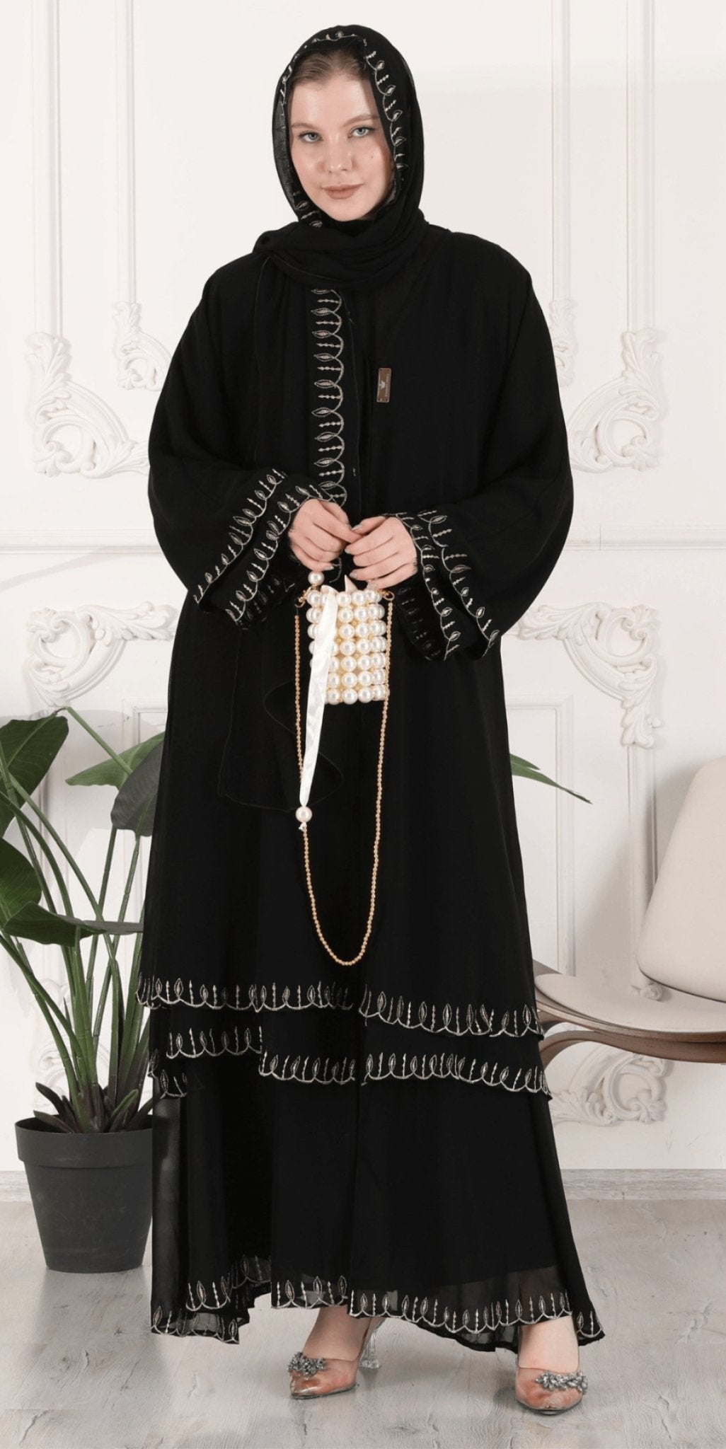 Embroidered Chiffon Trilayer Abaya - Emirati Abaya TREmbroidered Chiffon Trilayer Abaya