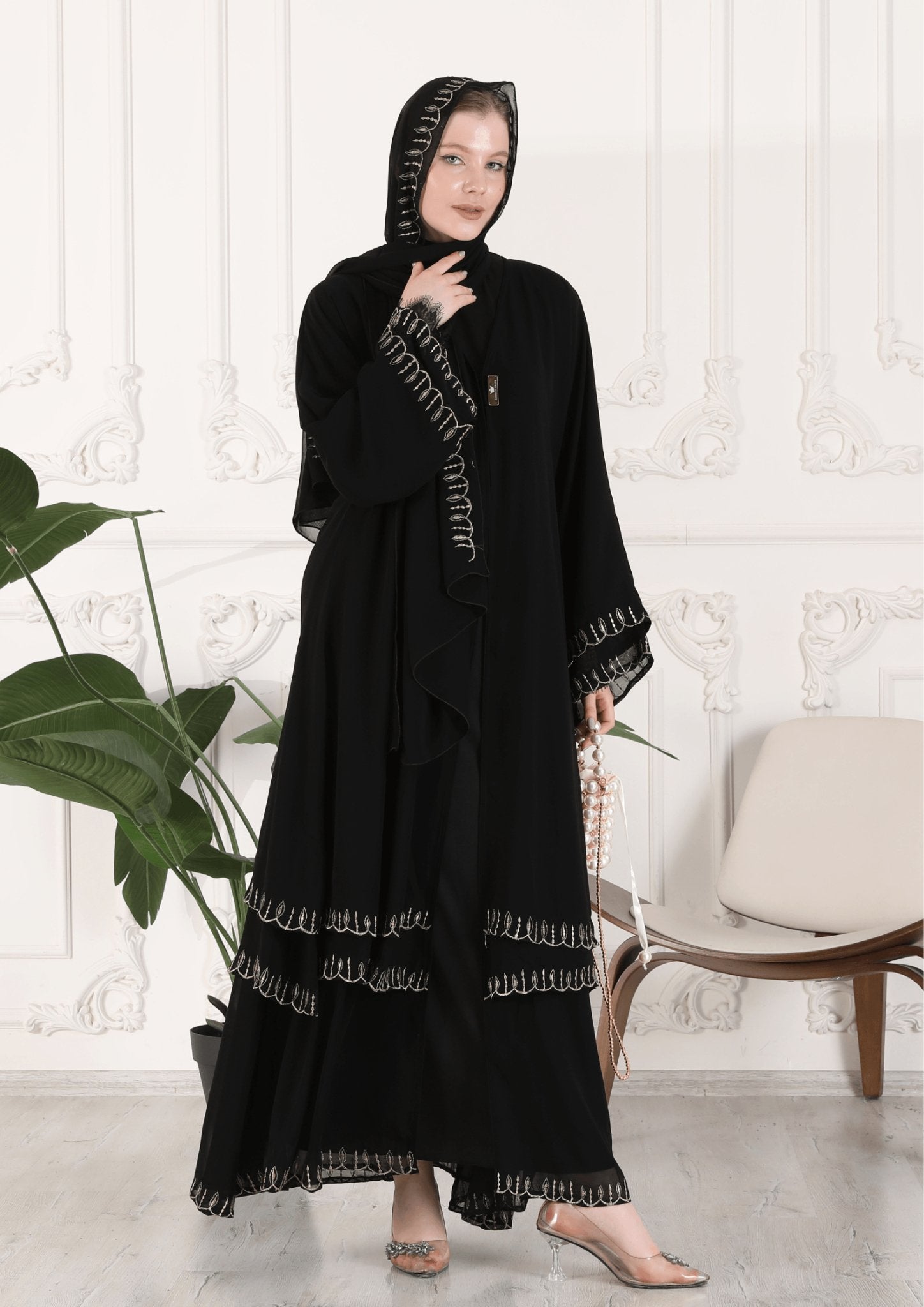 Embroidered Chiffon Trilayer Abaya - Emirati Abaya TREmbroidered Chiffon Trilayer Abaya