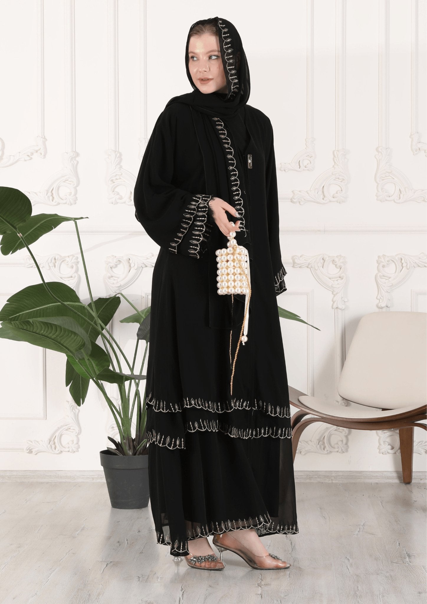 Embroidered Chiffon Trilayer Abaya - Emirati Abaya TREmbroidered Chiffon Trilayer Abaya