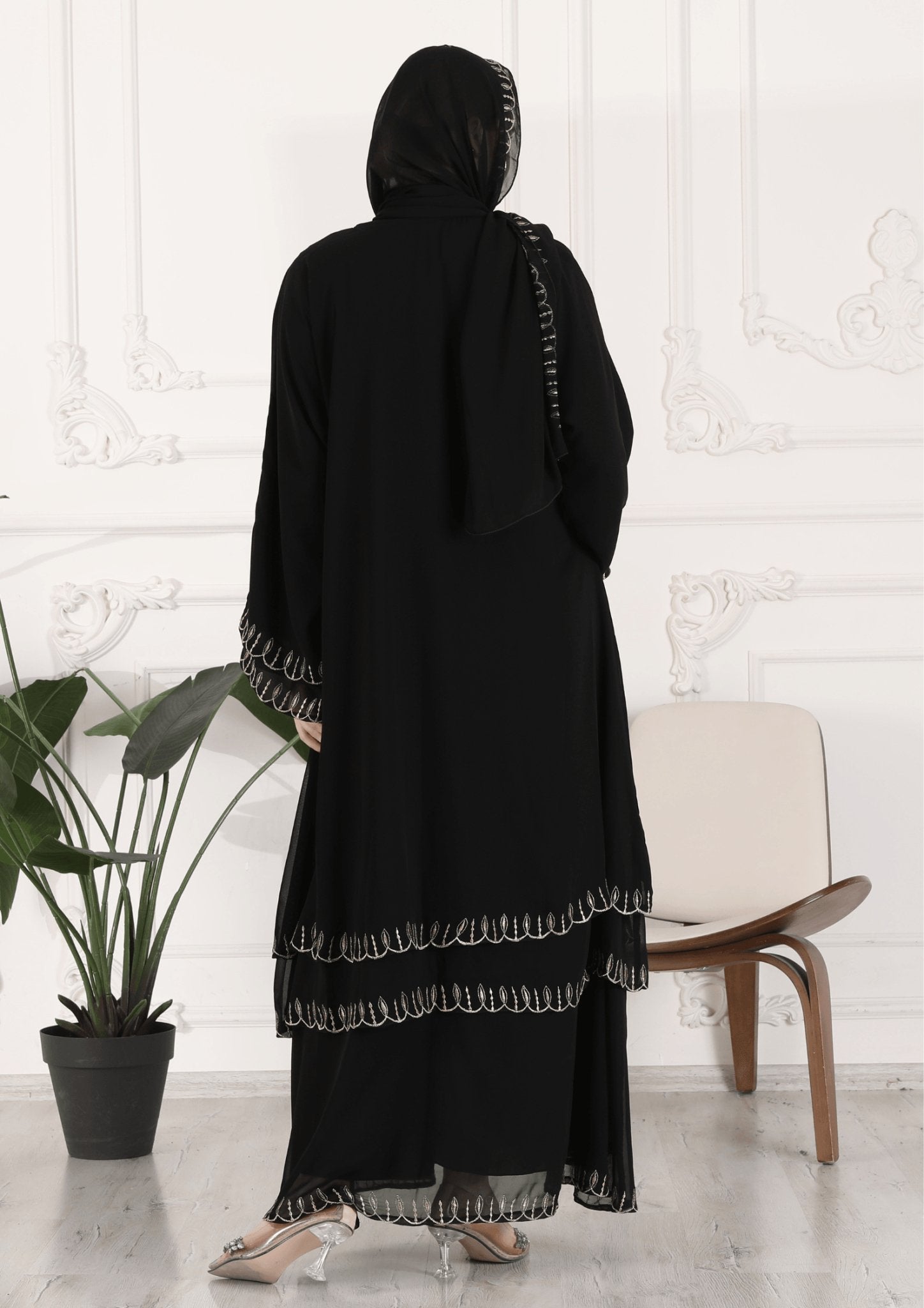 Embroidered Chiffon Trilayer Abaya - Emirati Abaya TREmbroidered Chiffon Trilayer Abaya