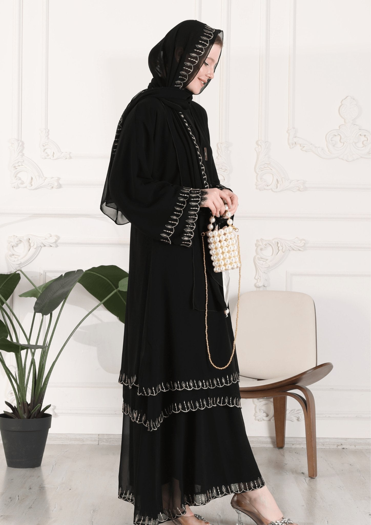 Embroidered Chiffon Trilayer Abaya - Emirati Abaya TREmbroidered Chiffon Trilayer Abaya