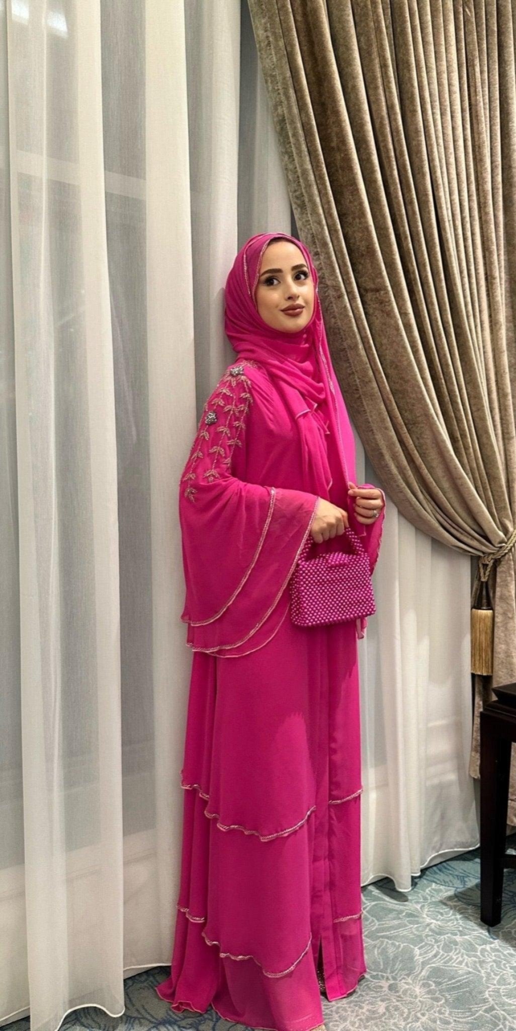 Ethereal Elegance: three - Layer Pink Chiffon Handmade stones Abaya - Emirati Abaya TREthereal Elegance: three - Layer Pink Chiffon Handmade stones Abaya