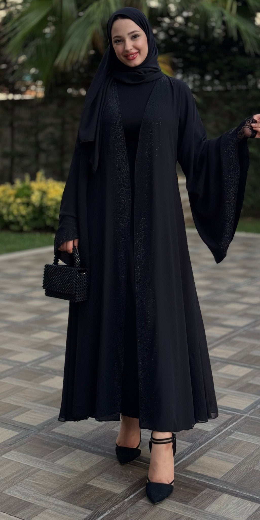 Shiny Stylish Black Abaya with Black Stones on the Front