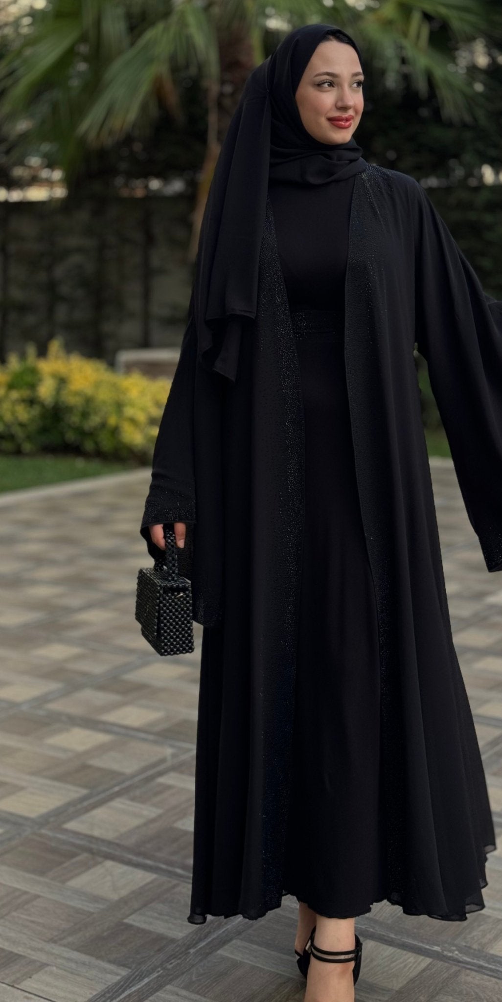 Shiny Stylish Black Abaya with Black Stones on the Front