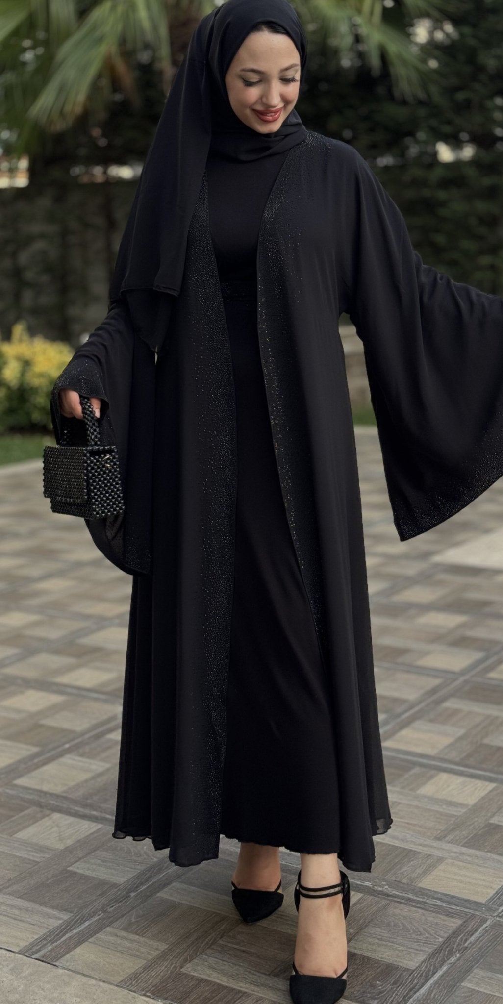 Shiny Stylish Black Abaya with Black Stones on the Front