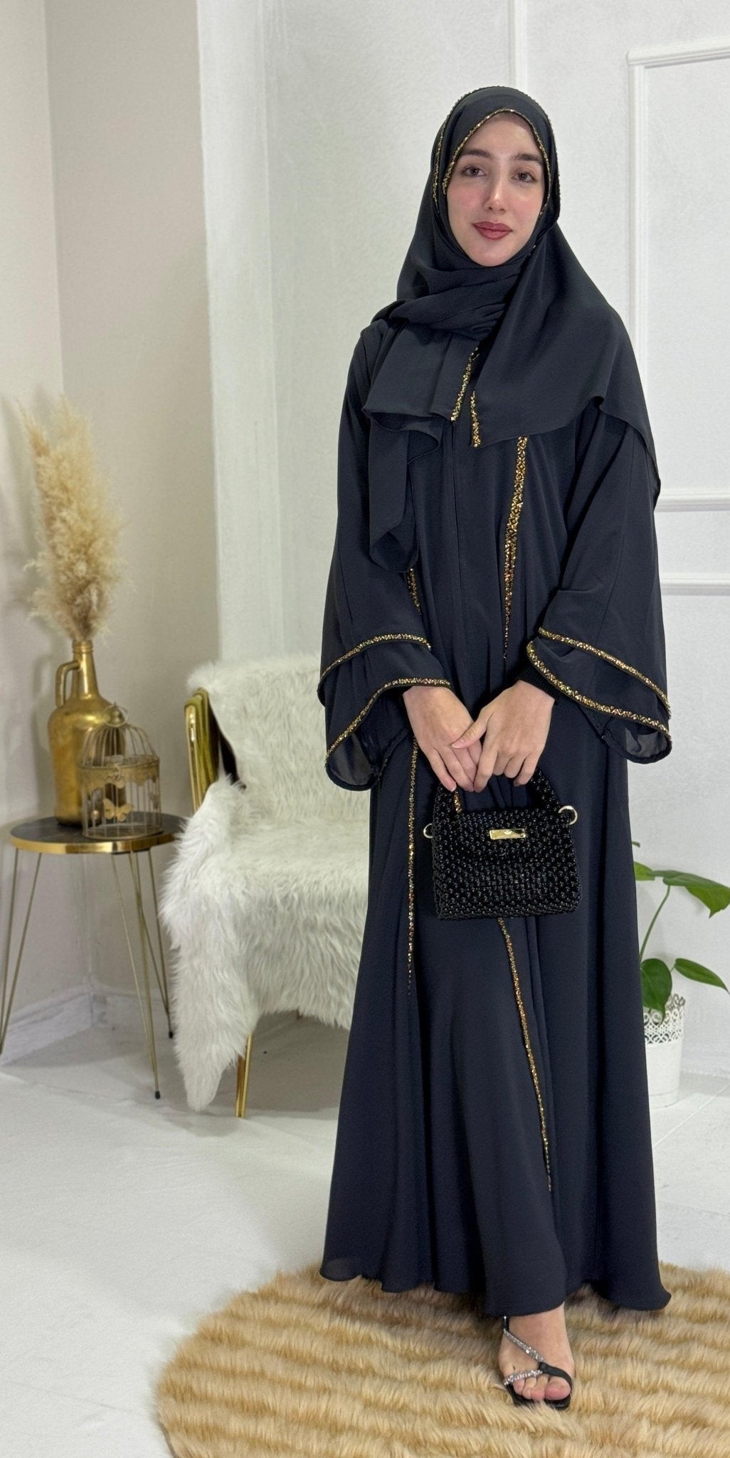 Golden Glamour Gray Abaya - Emirati Abaya TRGolden Glamour Gray Abaya