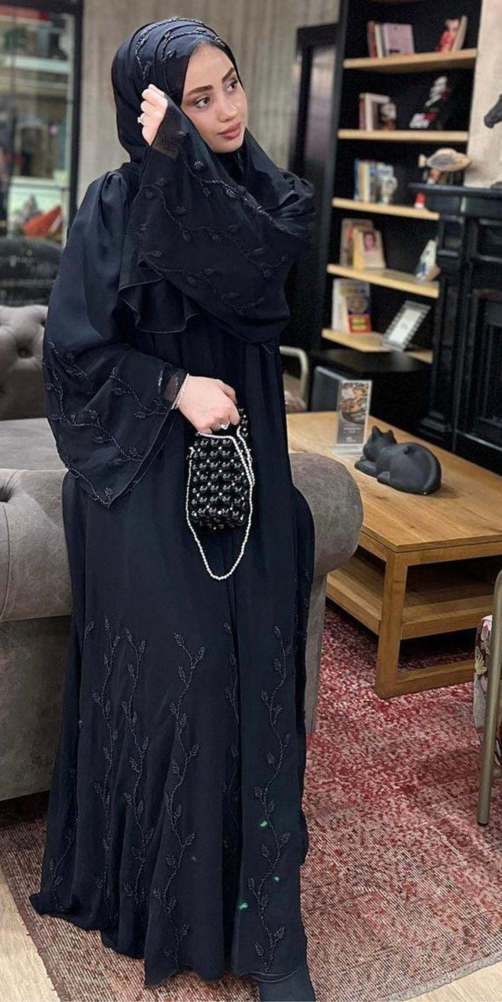 Handcrafted Dubai Look Black Stone Abaya - Emirati Abaya TRHandcrafted Dubai Look Black Stone Abaya