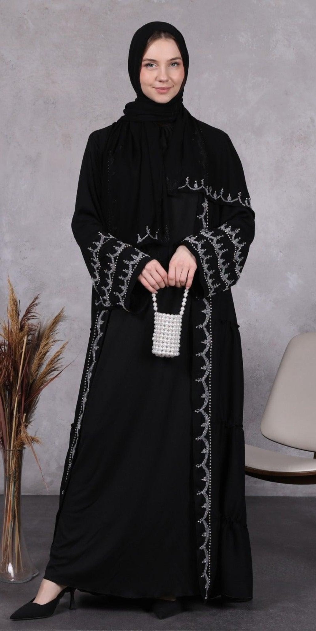 Handmade Silver Stone Elegant Abaya - Emirati Abaya TRHandmade Silver Stone Elegant Abaya