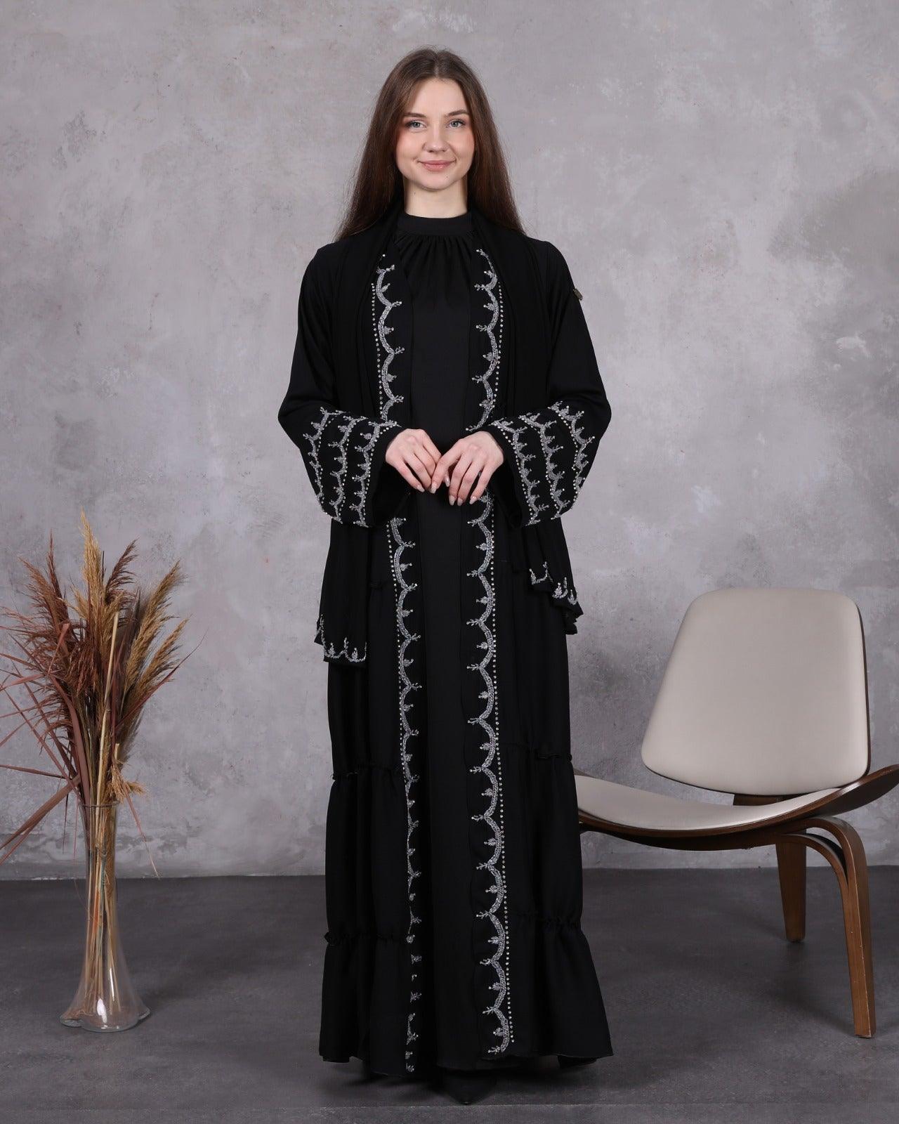 Handmade Silver Stone Elegant Abaya - Emirati Abaya TRHandmade Silver Stone Elegant Abaya