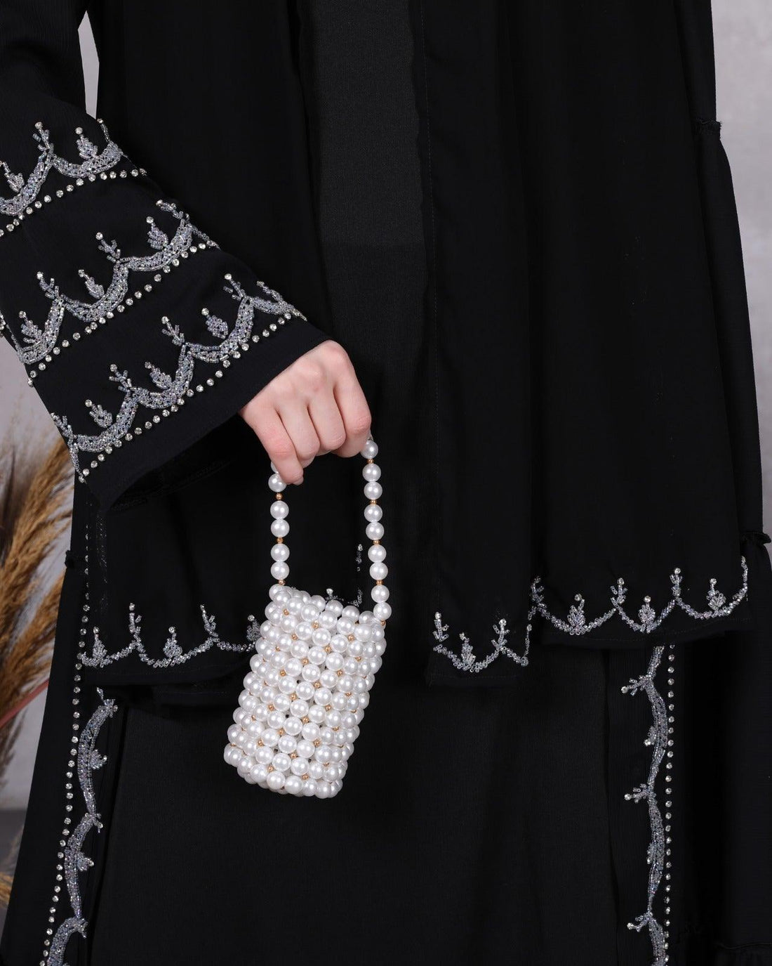 Handmade Silver Stone Elegant Abaya - Emirati Abaya TRHandmade Silver Stone Elegant Abaya