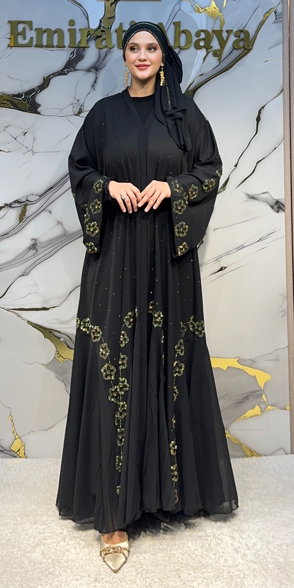 Gold Çiçek Taşlı Siyah Dubai Abaya LY70 GSB önden