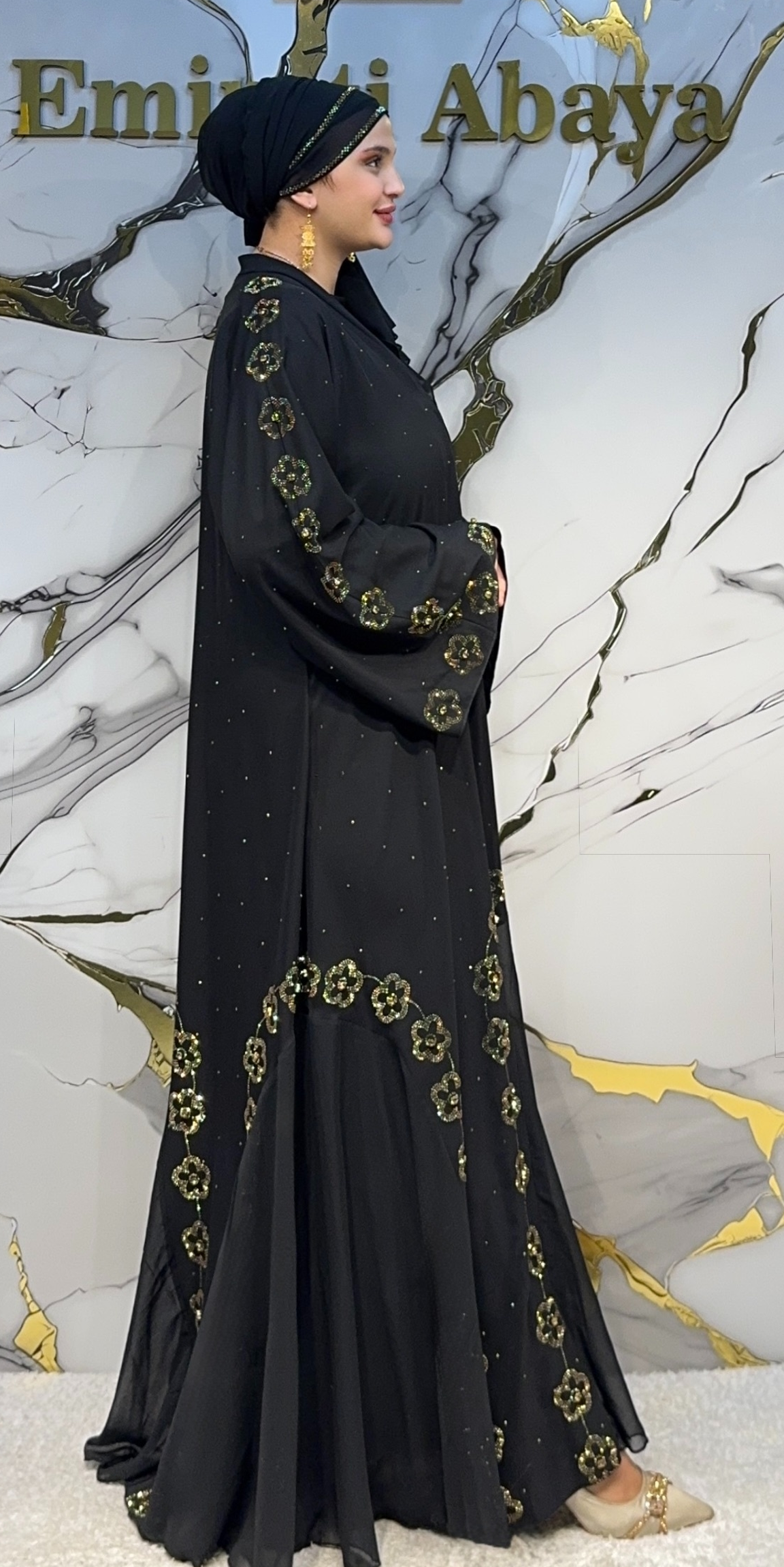 Gold Çiçek Taşlı Siyah Dubai Abaya LY70 GSB yandan