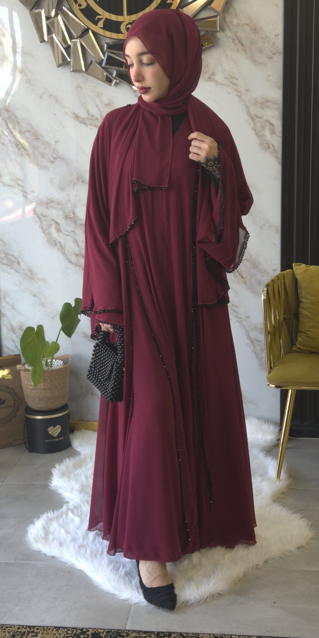 Maroon Luxe Side Open Abaya with Black Stones Hand Made - Emirati Abaya TRMaroon Luxe Side Open Abaya with Black Stones Hand Made