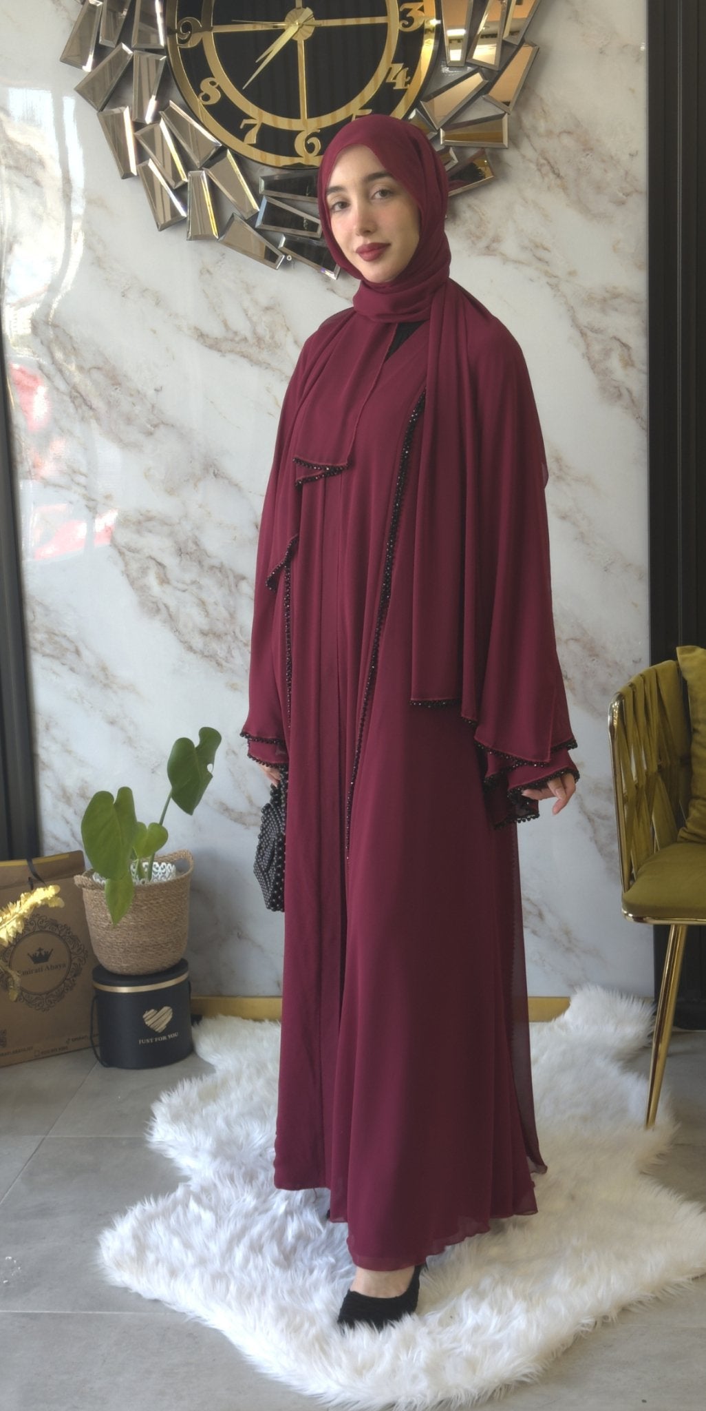 Maroon Luxe Side Open Abaya with Black Stones Hand Made - Emirati Abaya TRMaroon Luxe Side Open Abaya with Black Stones Hand Made