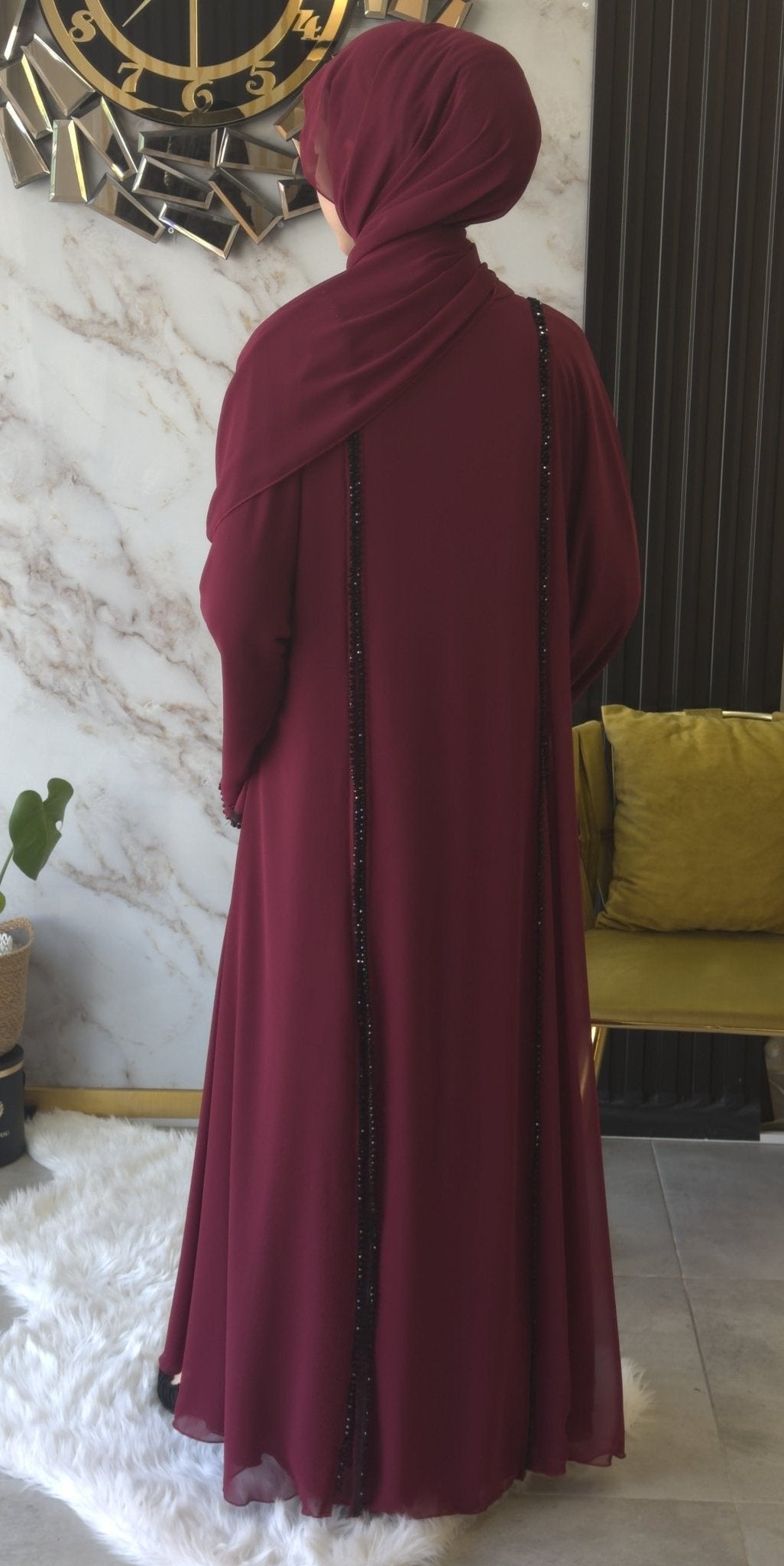 Maroon Luxe Side Open Abaya with Black Stones Hand Made - Emirati Abaya TRMaroon Luxe Side Open Abaya with Black Stones Hand Made