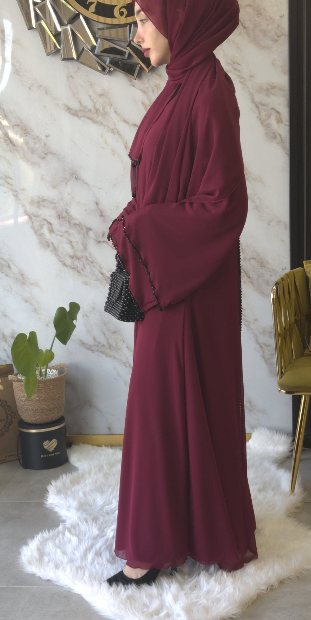 Maroon Luxe Side Open Abaya with Black Stones Hand Made - Emirati Abaya TRMaroon Luxe Side Open Abaya with Black Stones Hand Made