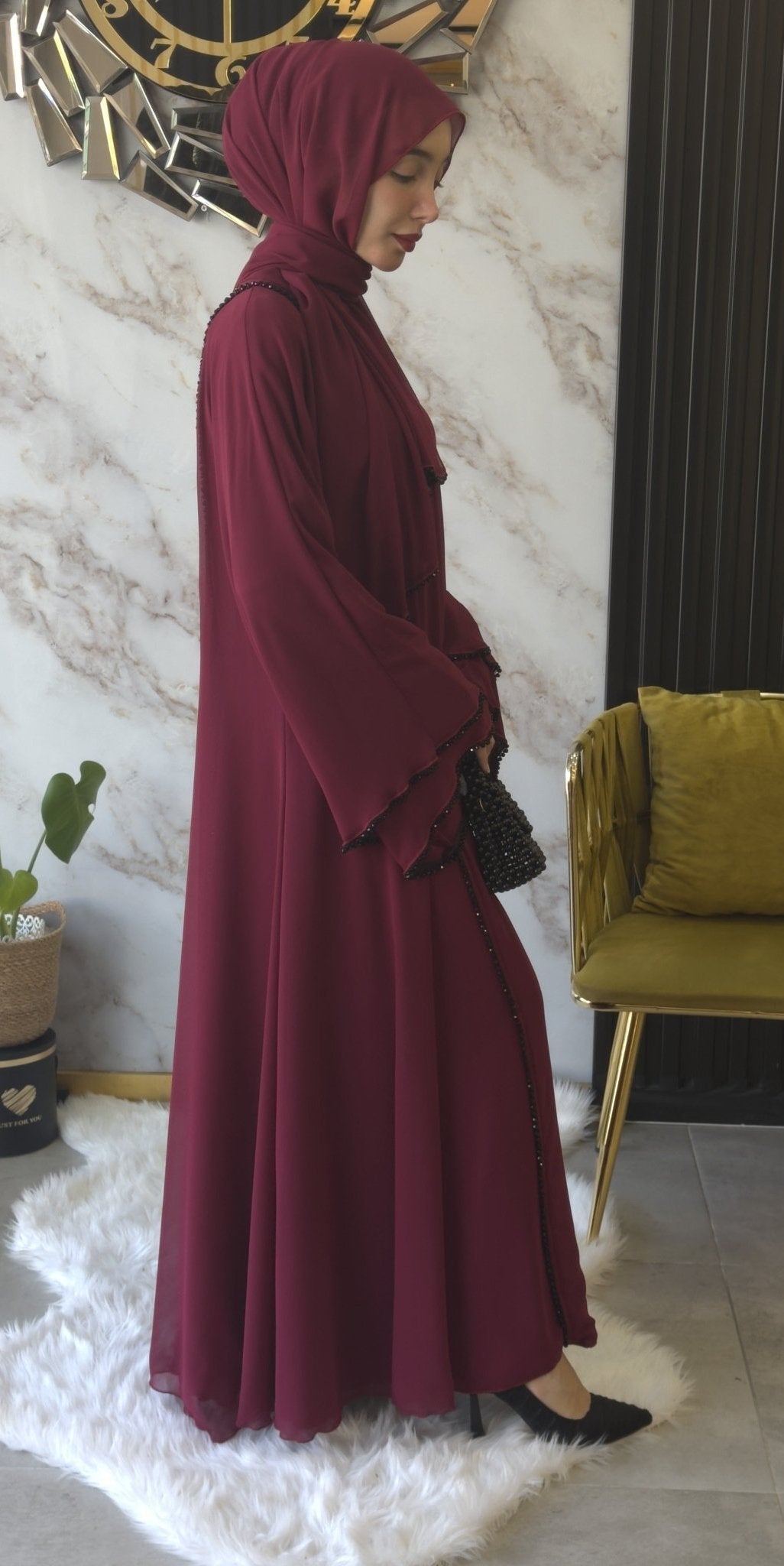 Maroon Luxe Side Open Abaya with Black Stones Hand Made - Emirati Abaya TRMaroon Luxe Side Open Abaya with Black Stones Hand Made