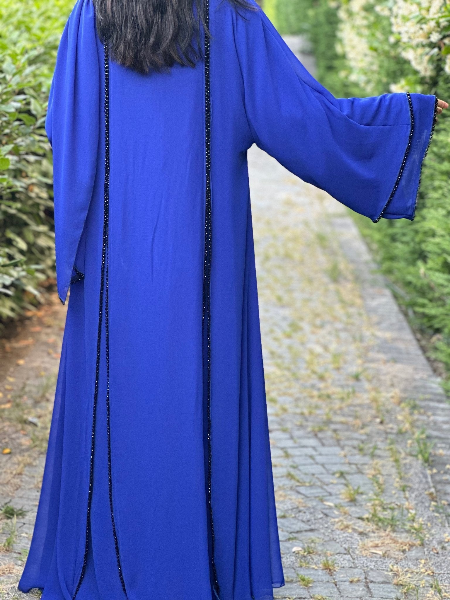 Mavi Luxe Side Open Abaya with Black Stones Hand Made - Emirati Abaya TRMavi Luxe Side Open Abaya with Black Stones Hand Made