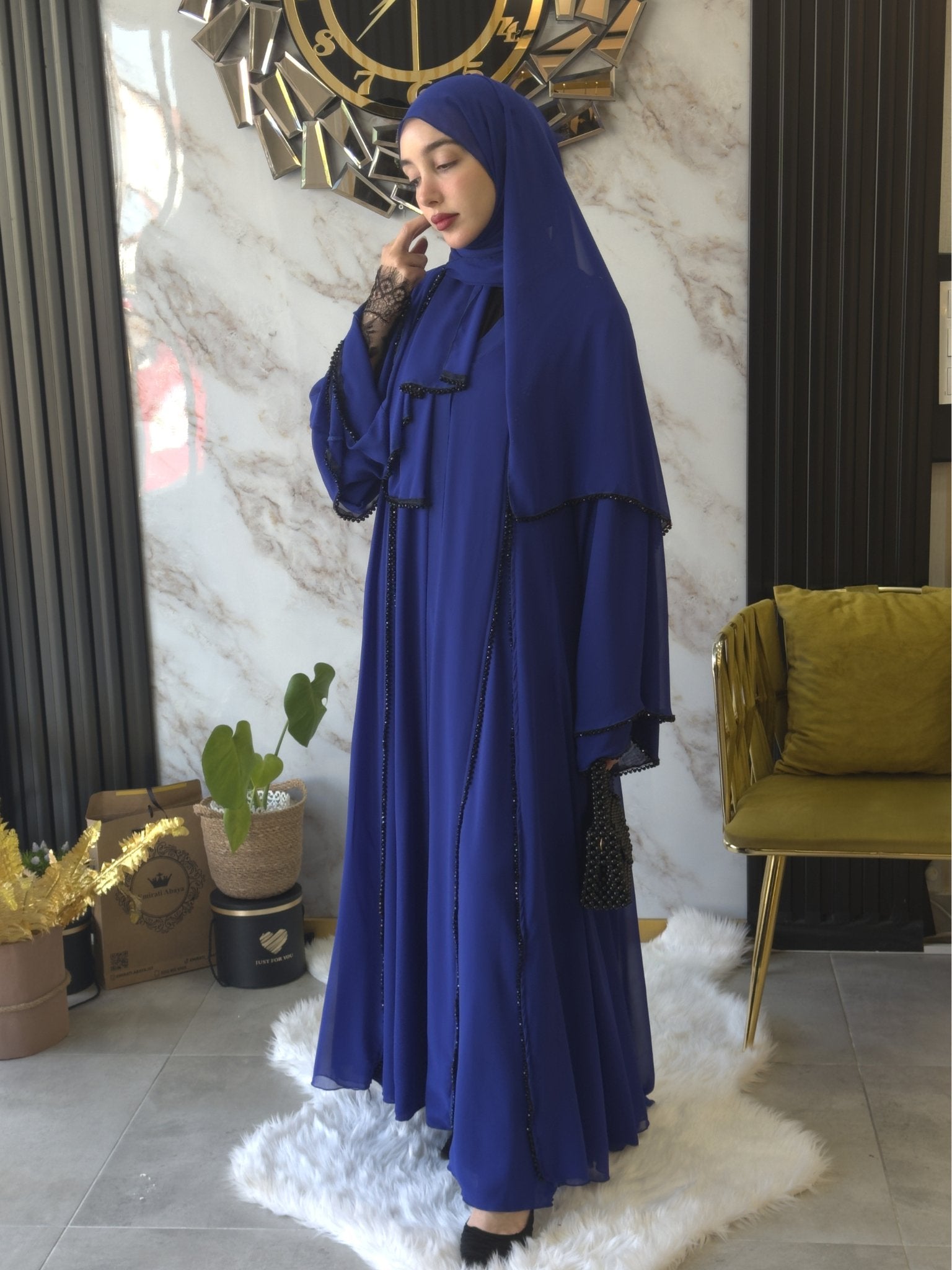 Mavi Luxe Side Open Abaya with Black Stones Hand Made - Emirati Abaya TRMavi Luxe Side Open Abaya with Black Stones Hand Made