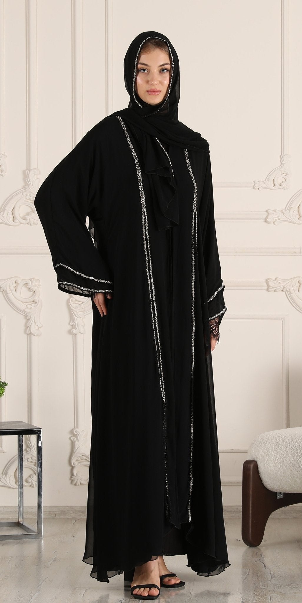 Midnight Majesty Abaya with White Stone Embellishments - Emirati Abaya TRMidnight Majesty Abaya with White Stone Embellishments