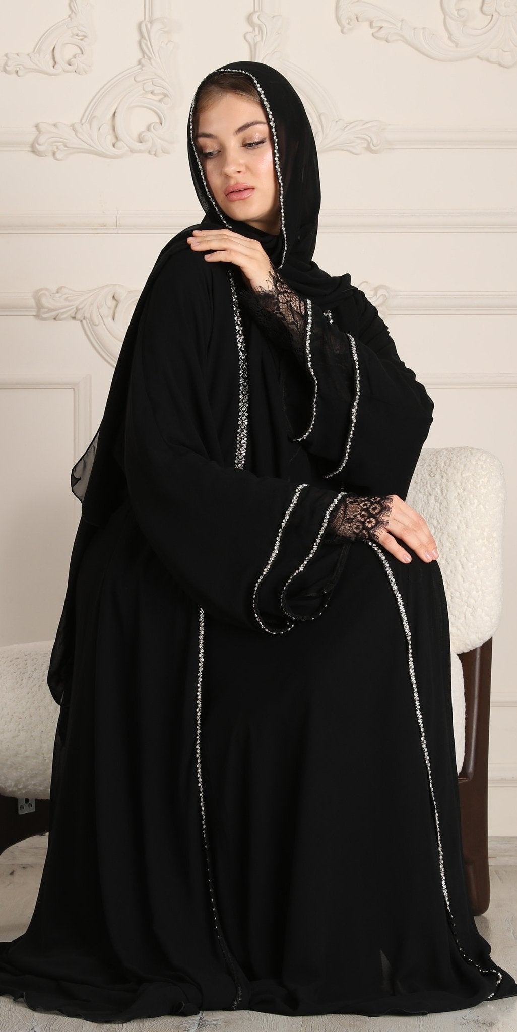 Midnight Majesty Abaya with White Stone Embellishments - Emirati Abaya TRMidnight Majesty Abaya with White Stone Embellishments