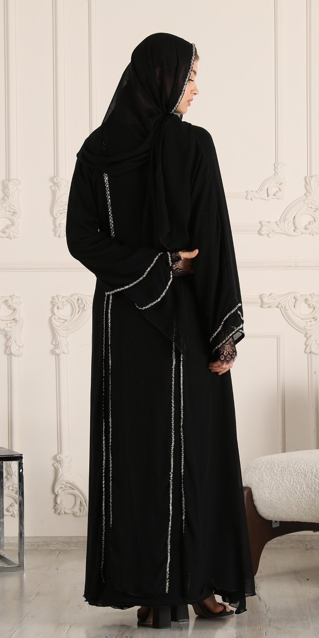 Midnight Majesty Abaya with White Stone Embellishments - Emirati Abaya TRMidnight Majesty Abaya with White Stone Embellishments