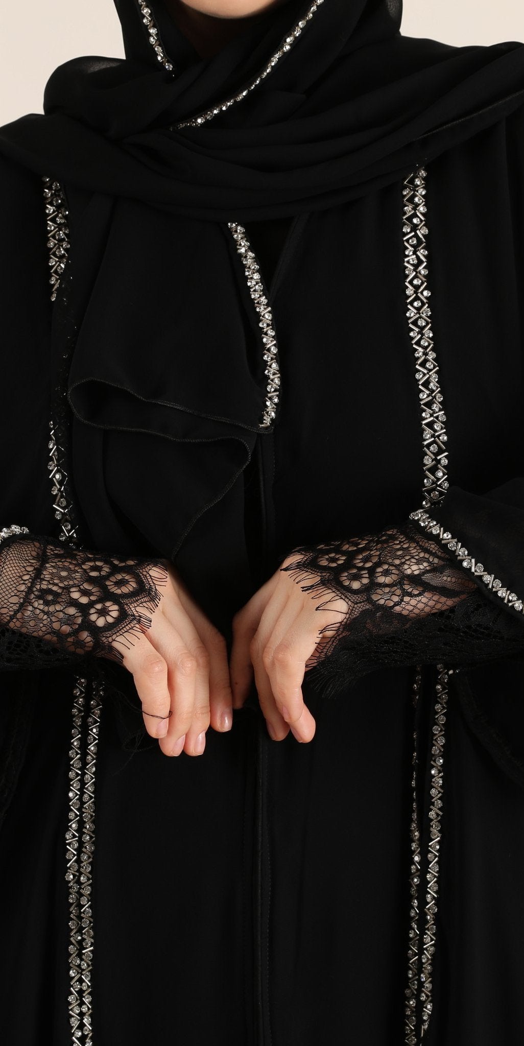 Midnight Majesty Abaya with White Stone Embellishments - Emirati Abaya TRMidnight Majesty Abaya with White Stone Embellishments