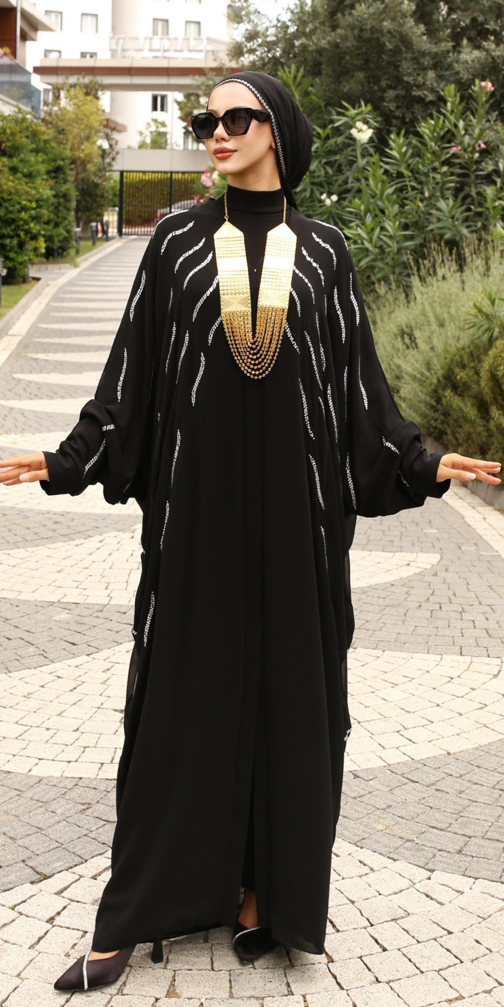 Noir Crystal Chiffon Abaya - Emirati Abaya TRNoir Crystal Chiffon Abaya