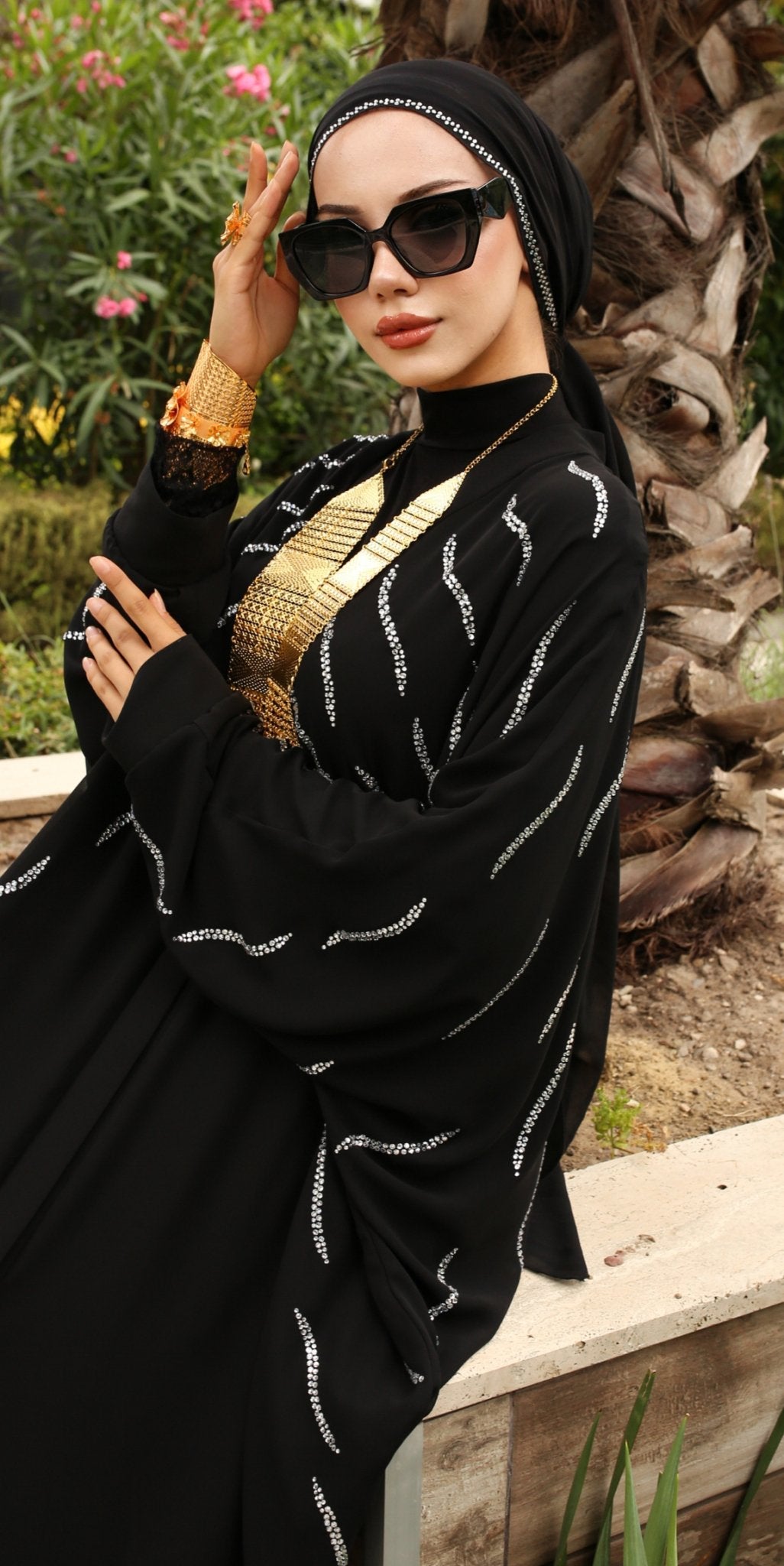 Noir Crystal Chiffon Abaya - Emirati Abaya TRNoir Crystal Chiffon Abaya