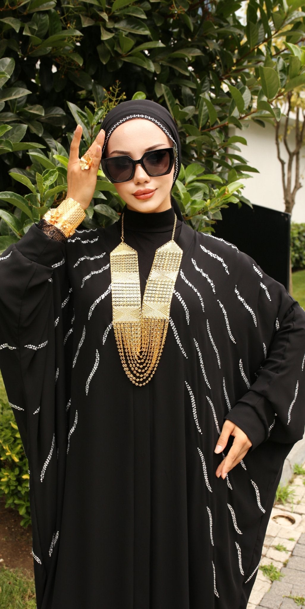 Noir Crystal Chiffon Abaya - Emirati Abaya TRNoir Crystal Chiffon Abaya