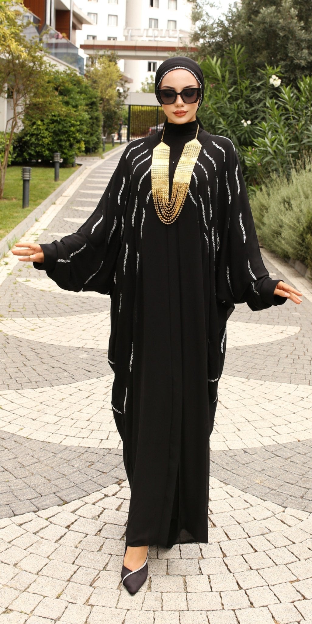 Noir Crystal Chiffon Abaya - Emirati Abaya TRNoir Crystal Chiffon Abaya