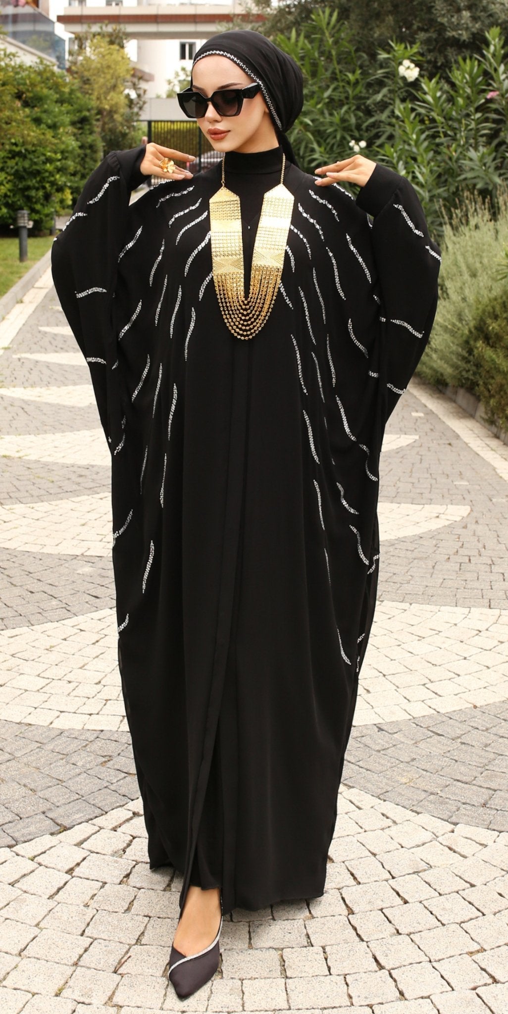 Noir Crystal Chiffon Abaya - Emirati Abaya TRNoir Crystal Chiffon Abaya