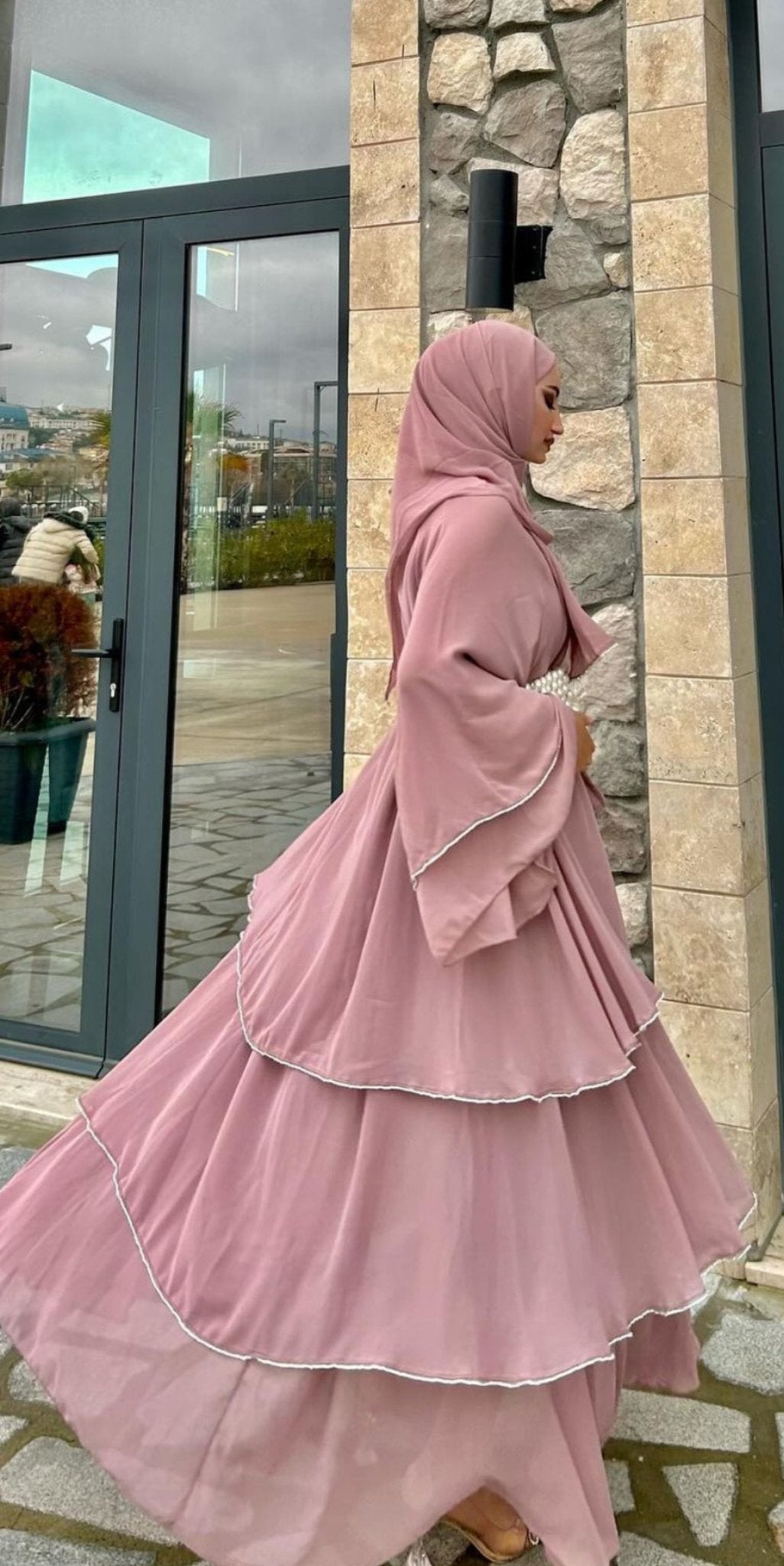 Pink Triple Layer Kori Chiffon Dubai Abaya - Emirati Abaya TRPink Triple Layer Kori Chiffon Dubai Abaya