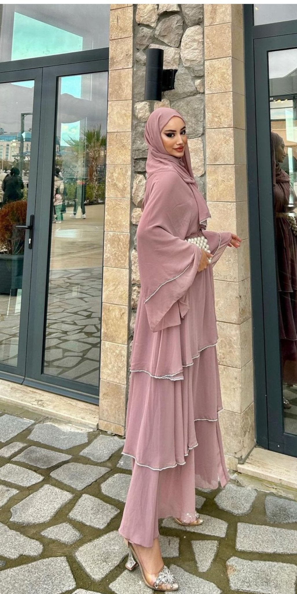 Pink Triple Layer Kori Chiffon Dubai Abaya - Emirati Abaya TRPink Triple Layer Kori Chiffon Dubai Abaya