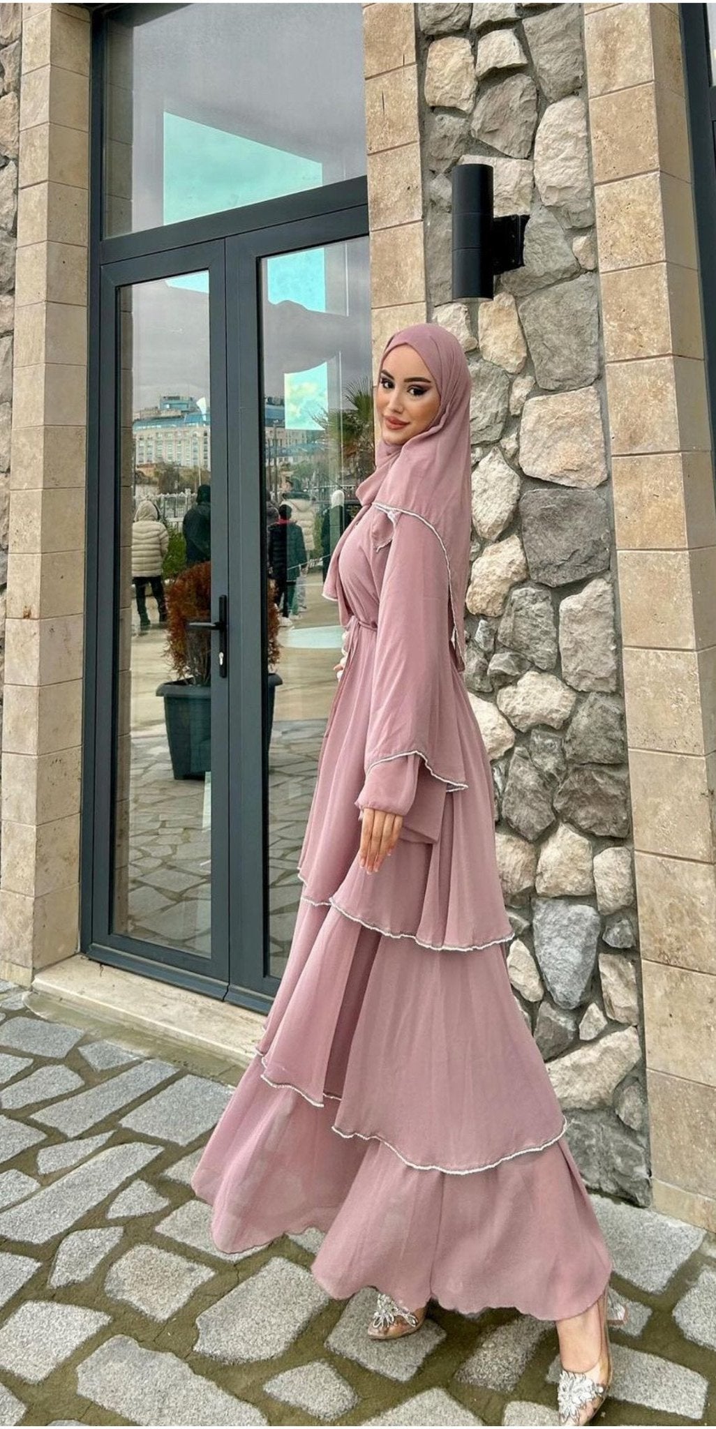 Pink Triple Layer Kori Chiffon Dubai Abaya - Emirati Abaya TRPink Triple Layer Kori Chiffon Dubai Abaya