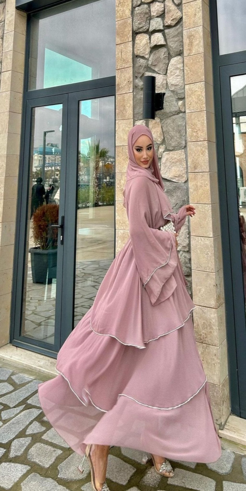 Pink Triple Layer Kori Chiffon Dubai Abaya - Emirati Abaya TRPink Triple Layer Kori Chiffon Dubai Abaya