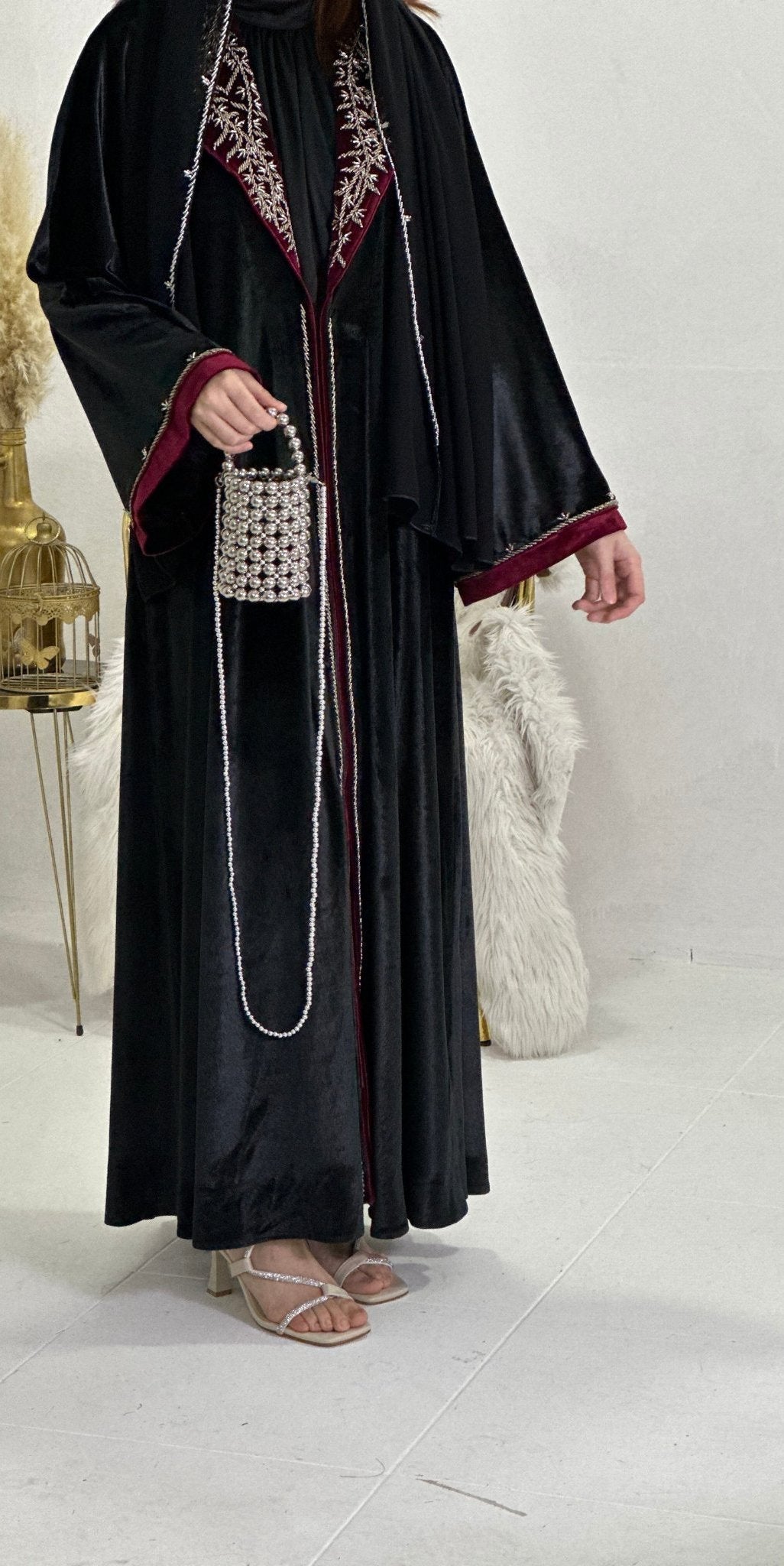 Regal Whispers: Velvet English Collar Abaya with Handmade Swarovski Stone Embroidery - Emirati Abaya TRRegal Whispers: Velvet English Collar Abaya with Handmade Swarovski Stone Embroidery