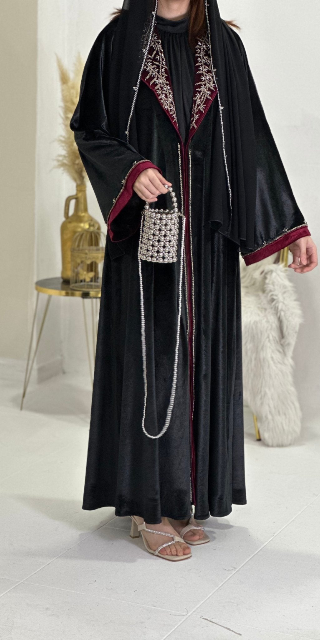 Regal Whispers: Velvet English Collar Abaya with Handmade Swarovski Stone Embroidery - Emirati Abaya TRRegal Whispers: Velvet English Collar Abaya with Handmade Swarovski Stone Embroidery