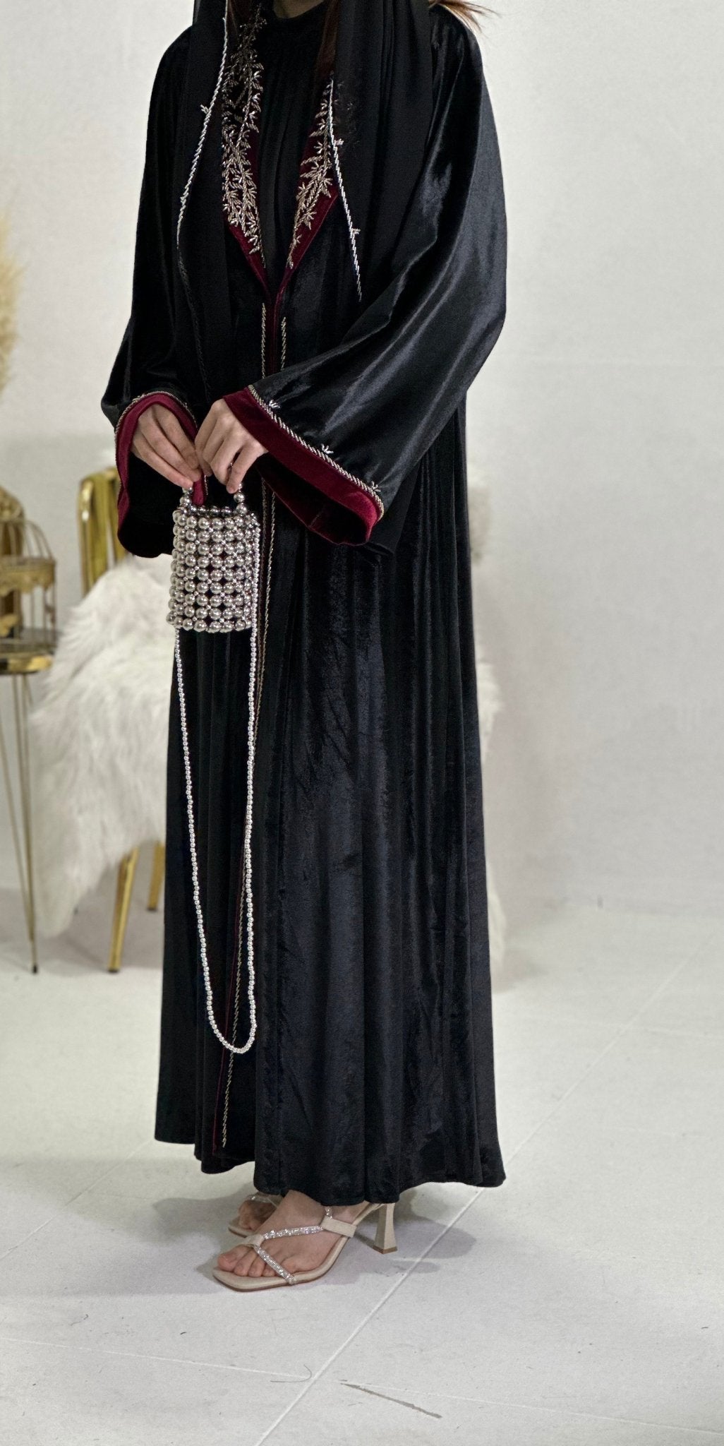 Regal Whispers: Velvet English Collar Abaya with Handmade Swarovski Stone Embroidery - Emirati Abaya TRRegal Whispers: Velvet English Collar Abaya with Handmade Swarovski Stone Embroidery