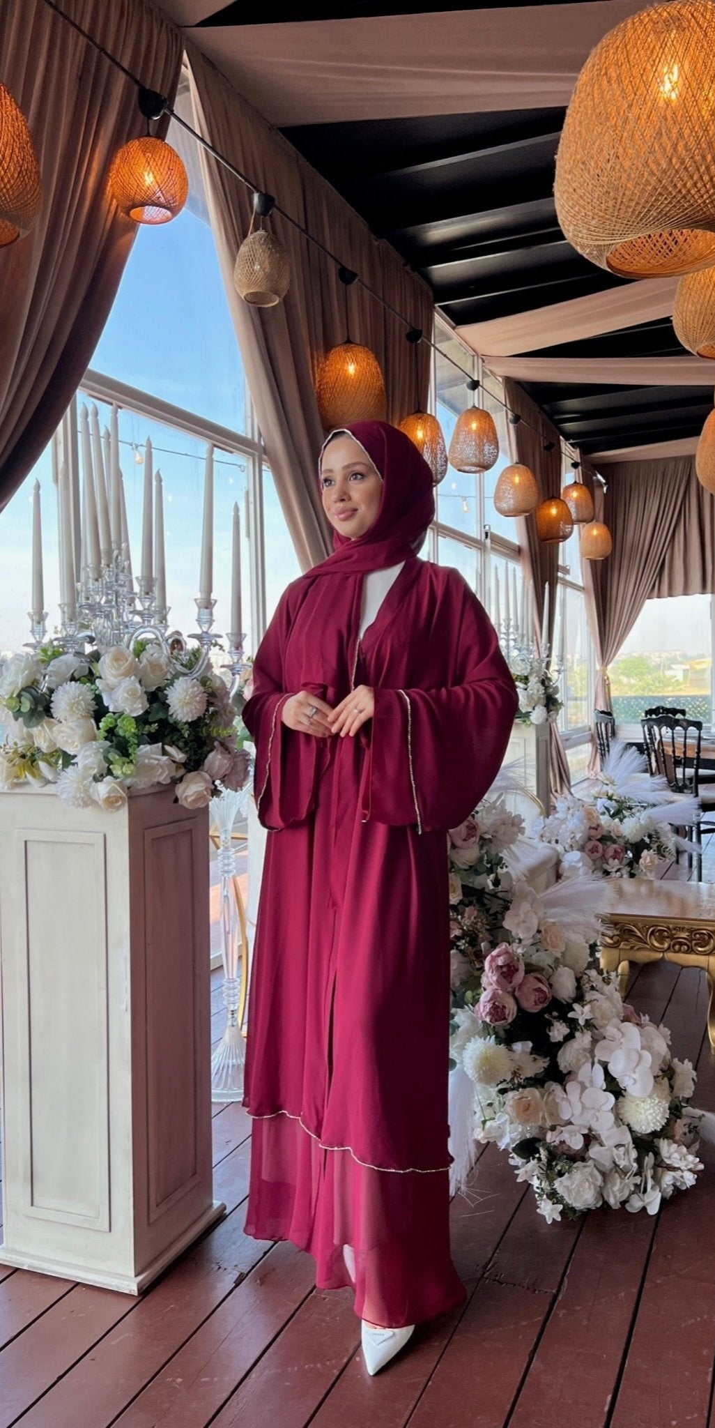 İki Katlı Swarovski Taşlı Bordo Abaya